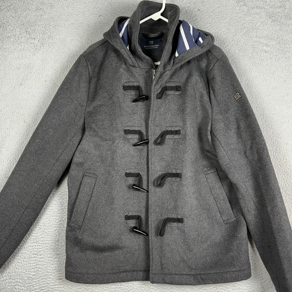 Scotch Soda Wool Blend Jacket Mens XL Grey Duffle Pea Coat Hooded Toggle Zip
